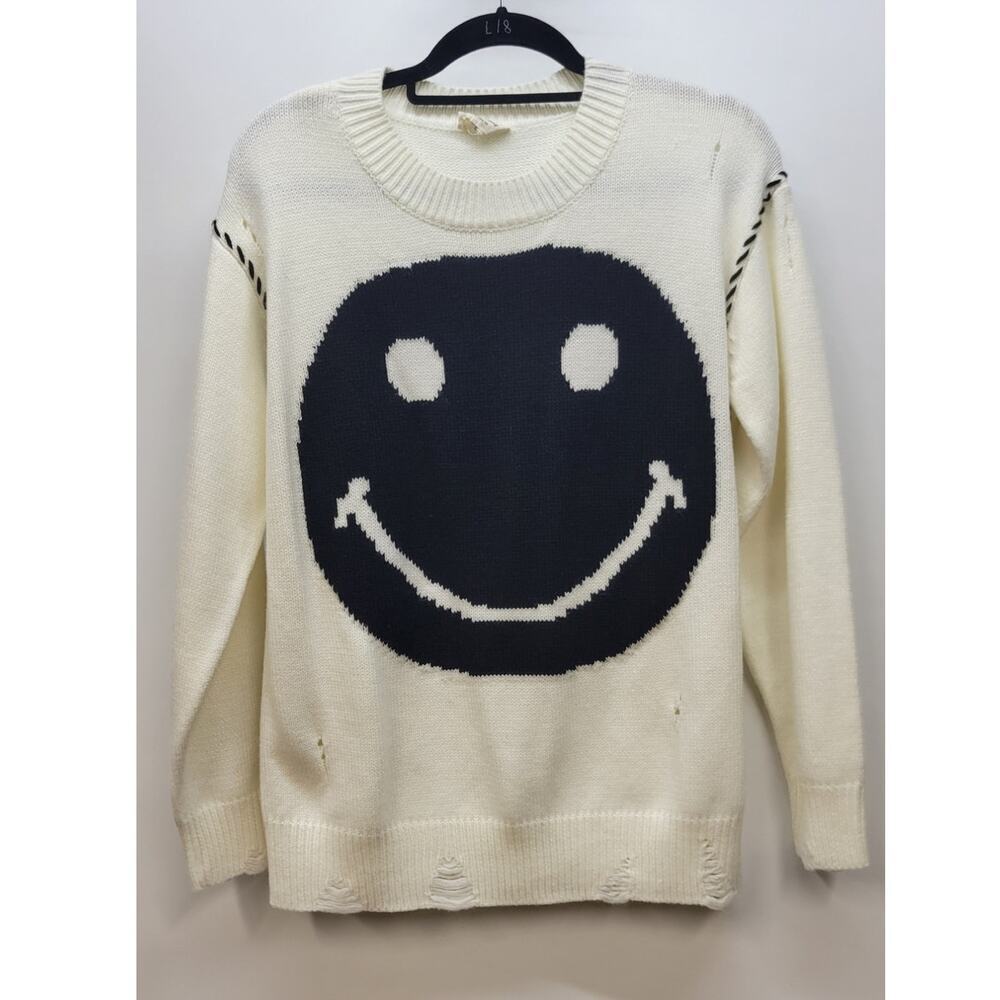 143 Story Distressed Smiley Face Sweater Small